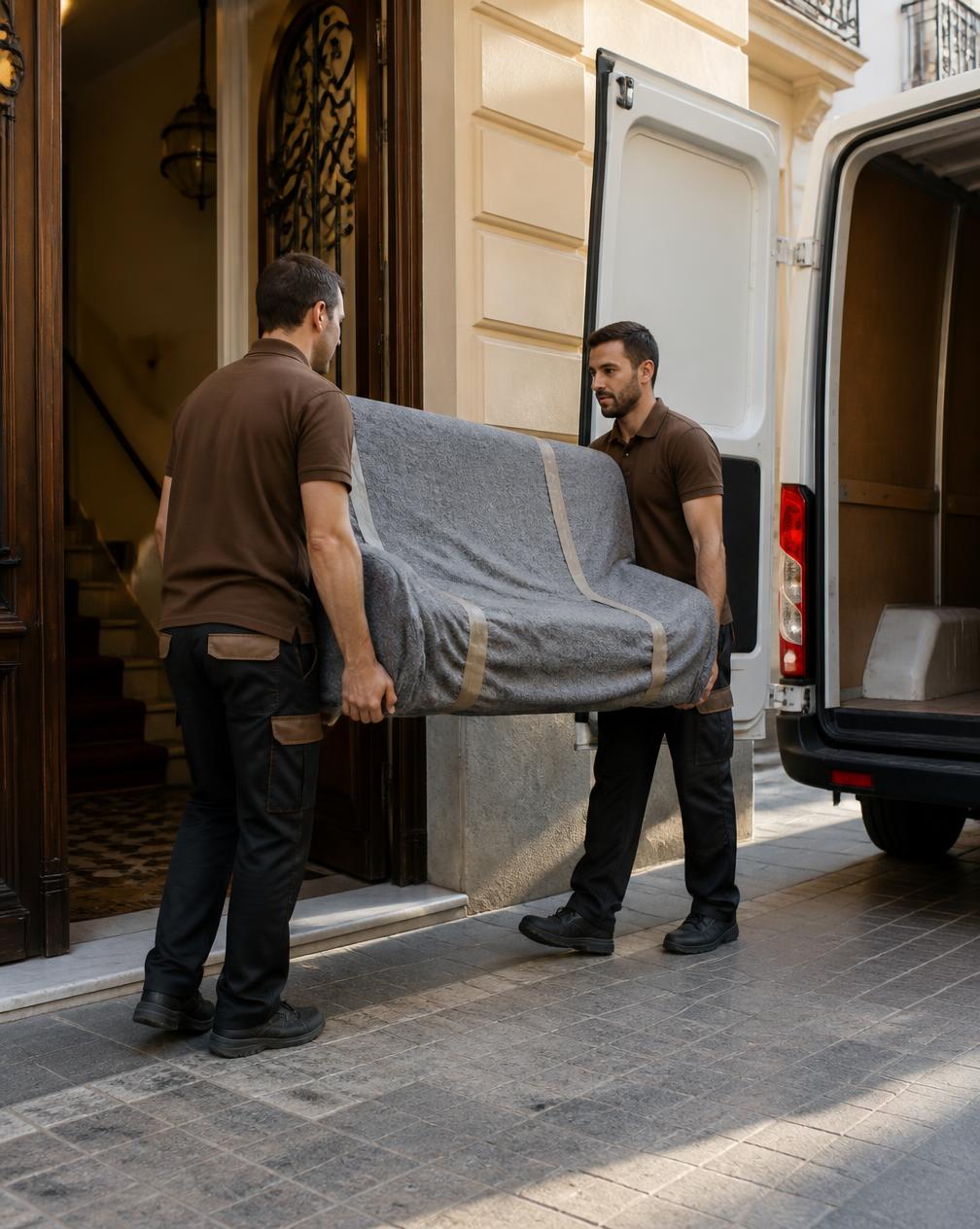 Equipo de Re Crea cargando cajas y muebles protegidos en la furgoneta de mudanza