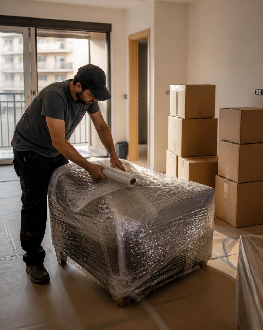 Operario de Re Crea protegiendo un mueble con film junto a cajas de mudanza antes de la reforma