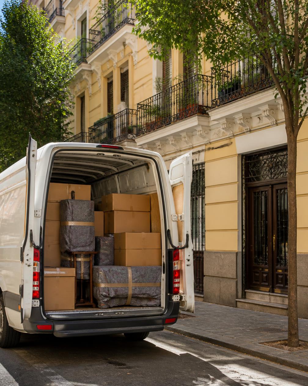 Furgoneta de Re Crea cargada con cajas y muebles protegidos frente a un edificio de Valencia